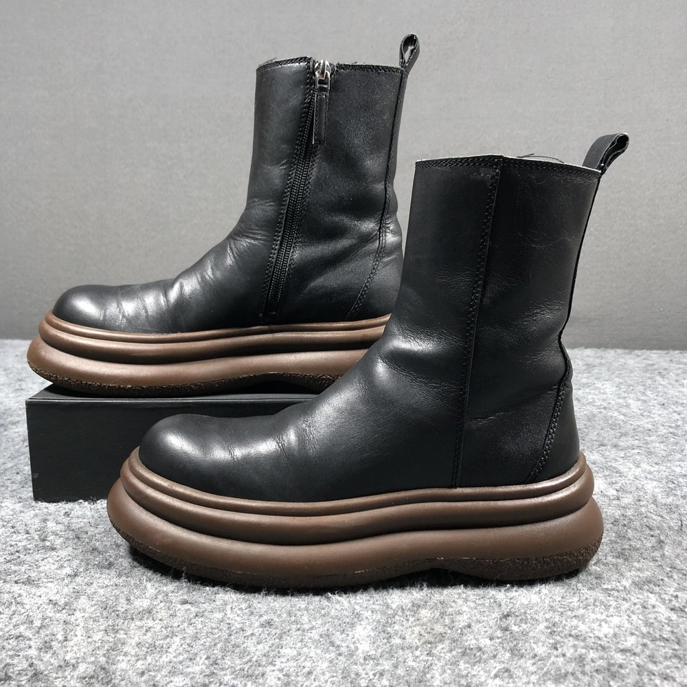 Zara Platform Ankle Boots Womens 6.5 Black Leather Brown Sole Round Toe Zip - Picture 3 of 16